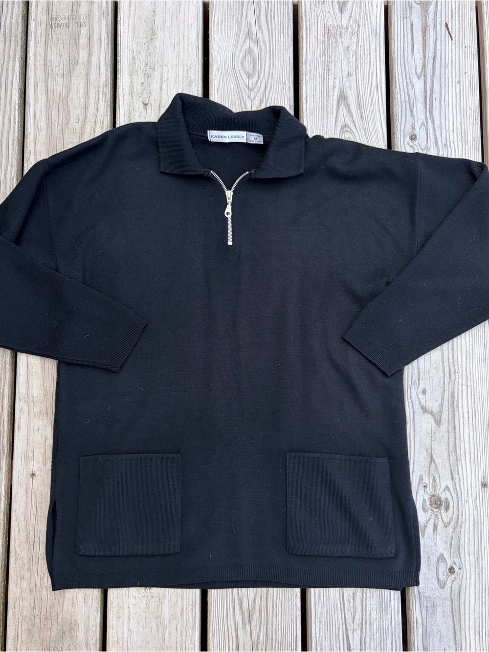 Karen Lessly Black Half Zip Knit Sweater Women’s M Collared Pullover Top Pockets